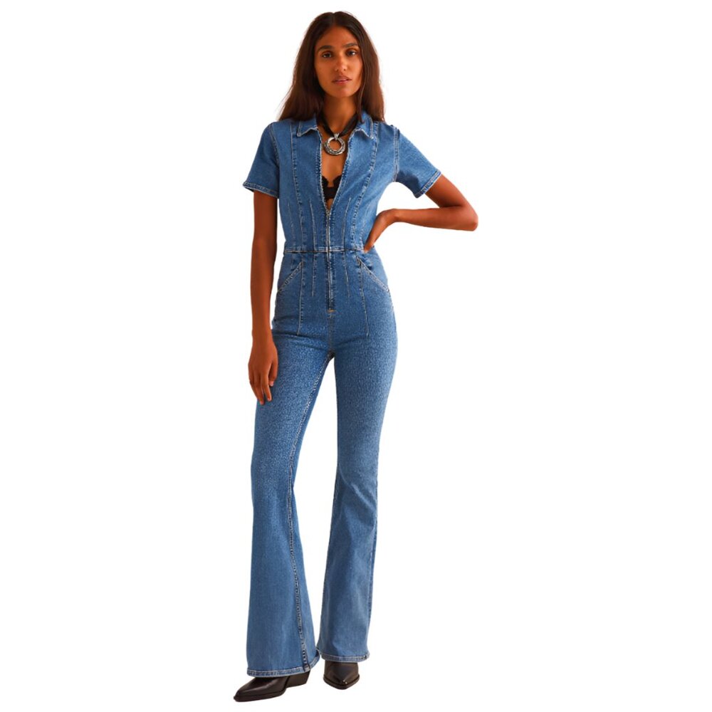 NWT Free People We The Free Jayde Denim Flare Jumpsuit Size Large